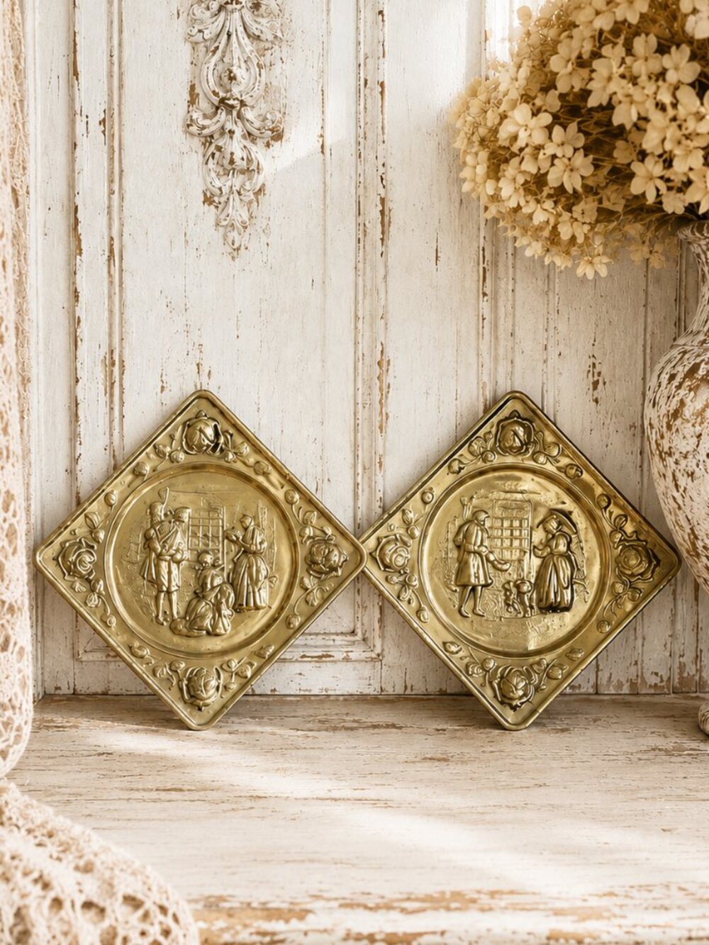 Set of 2 Vintage Brass Peerage Victorian Scenes Embossed Plaques Made in England